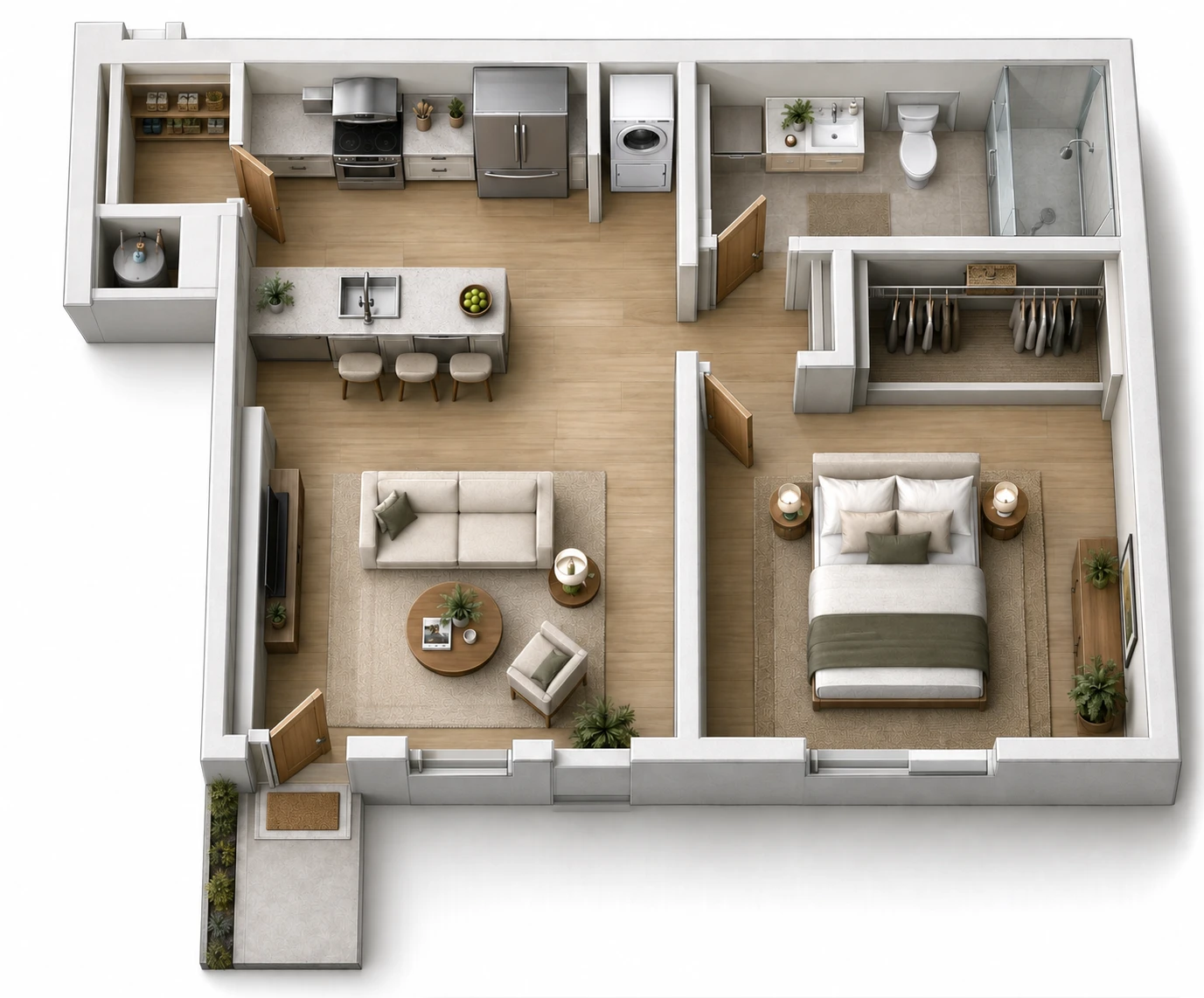 Furnished 3D view of the one-bedroom 474-square-foot home